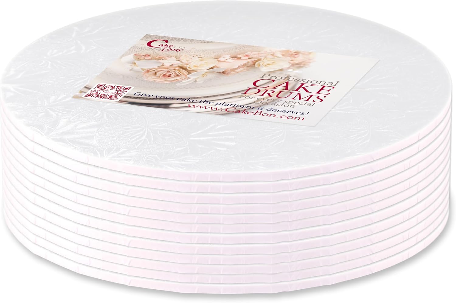 Cakebon Round Cake Boards - Sturdy 1/4 Thick Cake Drums - 14 Inch Professional Base Para Pastel Fully Wrapped Edges 12-Pack