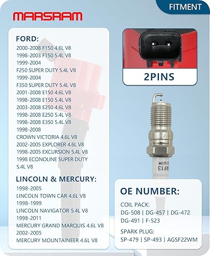 Miniatura 2 de Marsram Paquete de bobinas de encendido DG508 y bujías SP479 doble iridio para Ford F150 F250 F350 Lincoln Town Mercury 1000 2001 2002 2003 2004