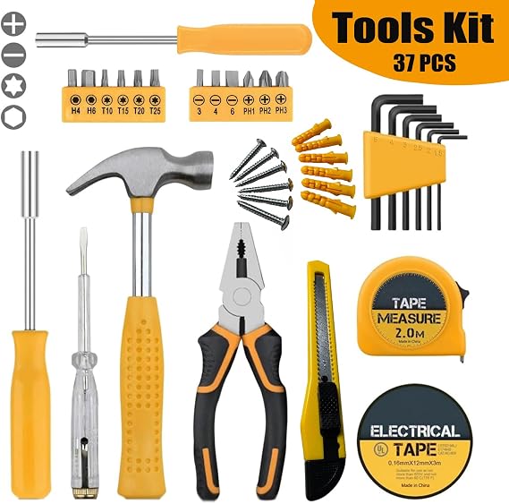 37-Piece Tool Set Household Repair Tool Kit Multi-Purpose Home Hand Tool Set, General Hand DIY Tool Kit with Toolbox Storage Case with Electrical Tape Screwdriver Test Pen Plier Bits -Yellow