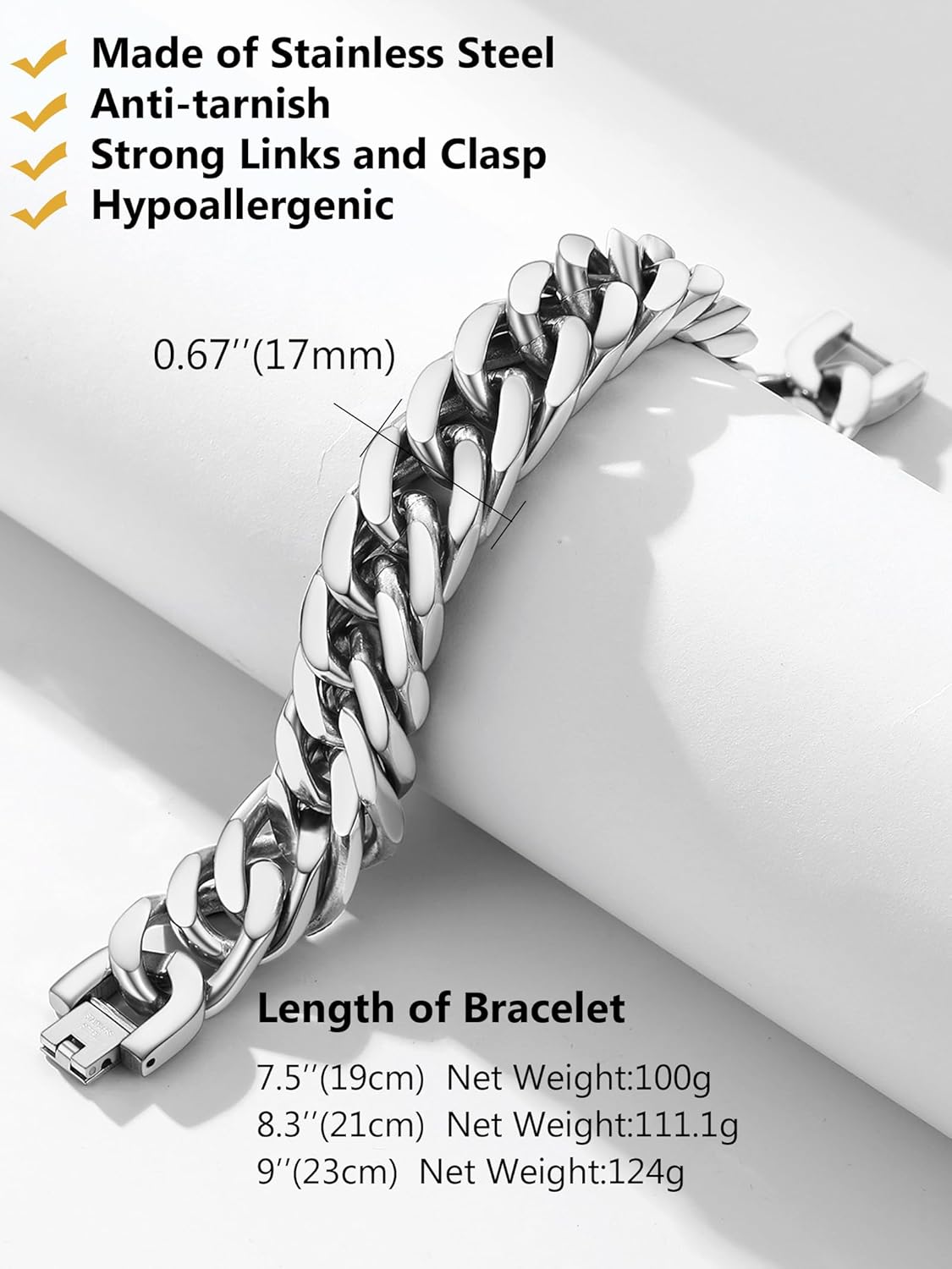 8/12/17mm Wide Cuban Link Bracelet for Men Father Gift 18K Gold/Black Plated Stainless Steel Bracelets 7.4-9 Inches(Gift Wrapped) - Image 4