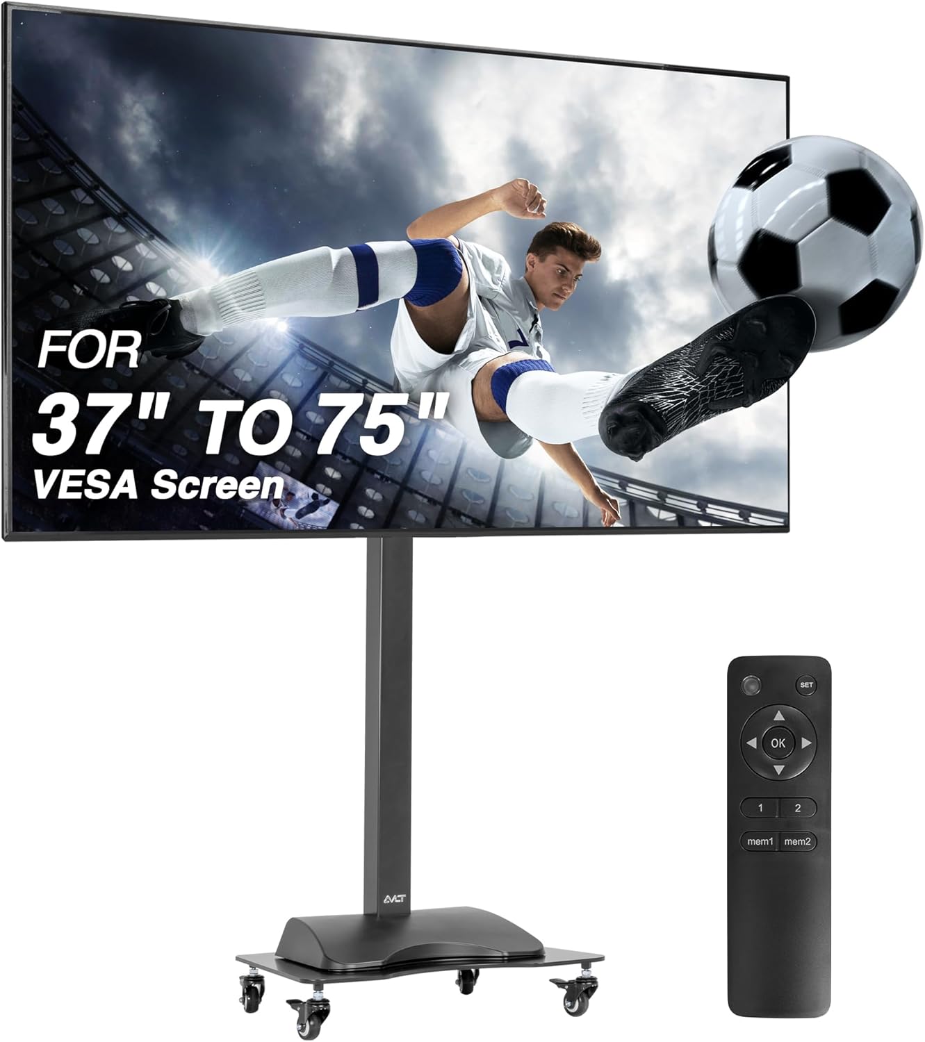 AVLT Motorized & Mobile 2-in-1 TV Lift Cart for 37-75 inch Flat/Curved Screens Automated Lift with Remote Height Adjustable up to 57" Floor Rolling Stand with Locking Wheels for Home Office