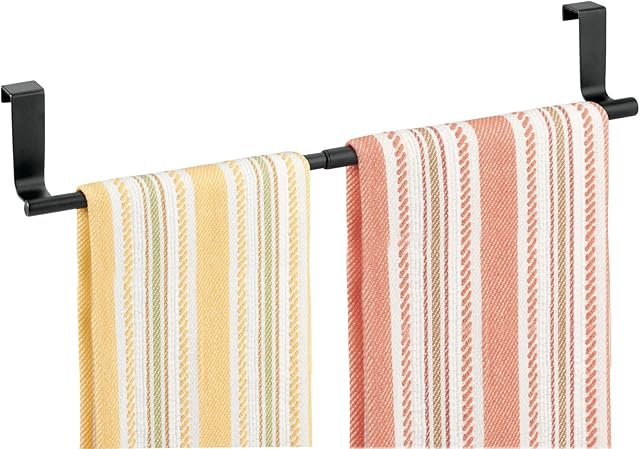 mDesign Expandable Kitchen Towel Rail - Hanging Tea Towel Holder - No Drilling Required - Over Cabinet Door Towel Bar - Black