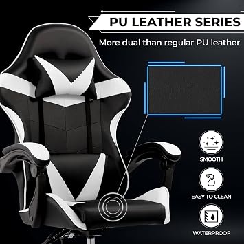 Gaming Chair, Computer Chair with Lumbar Cushion, Headrest, Height-Adjustable Ergonomic Gaming Chairs for Home, Office (White)