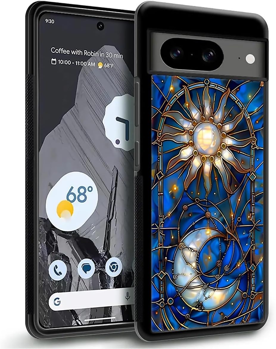 Compatible with Google Pixel 8 Case, Shockproof Protective for Man Women Non-Slip for Google Pixel 8 Crazy Pattern Golden Sun Moon Blue Stained Glass image 2
