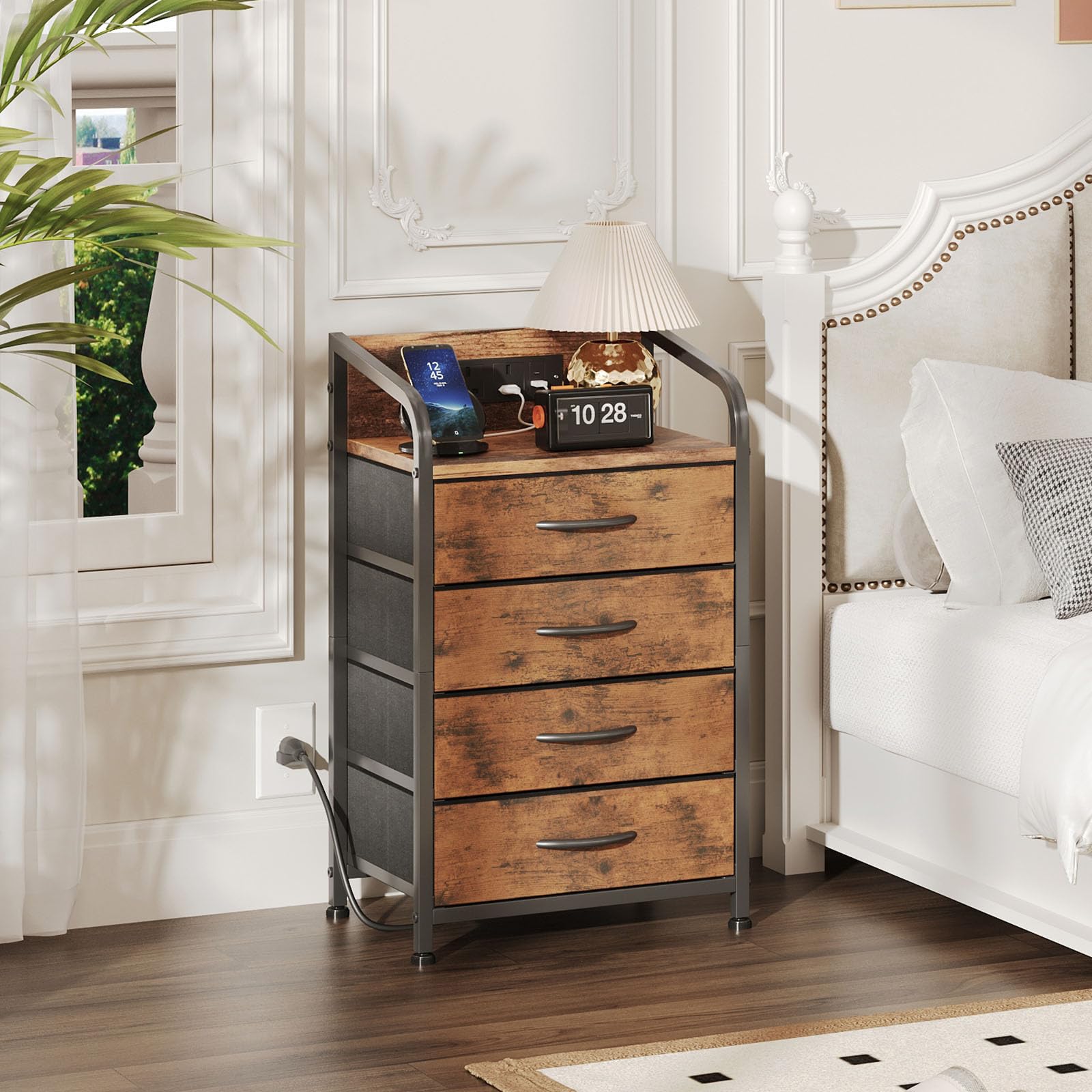 MUTUN Bedside Table Cabinet with Drawers and Charging Station, Small Nightstand for Bedroom, Storage Chest of Drawers for Living Room, Hallway, Entryway, Rustic Brown