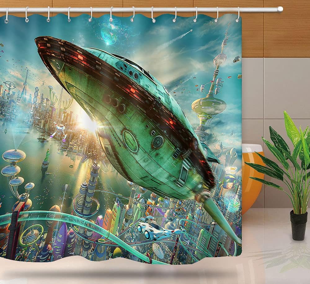 Science Fiction Shower Curtain, Futurama Realistic 3D Rocket Planet Teal Spaceship Fabric Bath Curtain, Washable Upgrade for Bathroom Accessories, 72x 72 Inches, YLYYNT992
