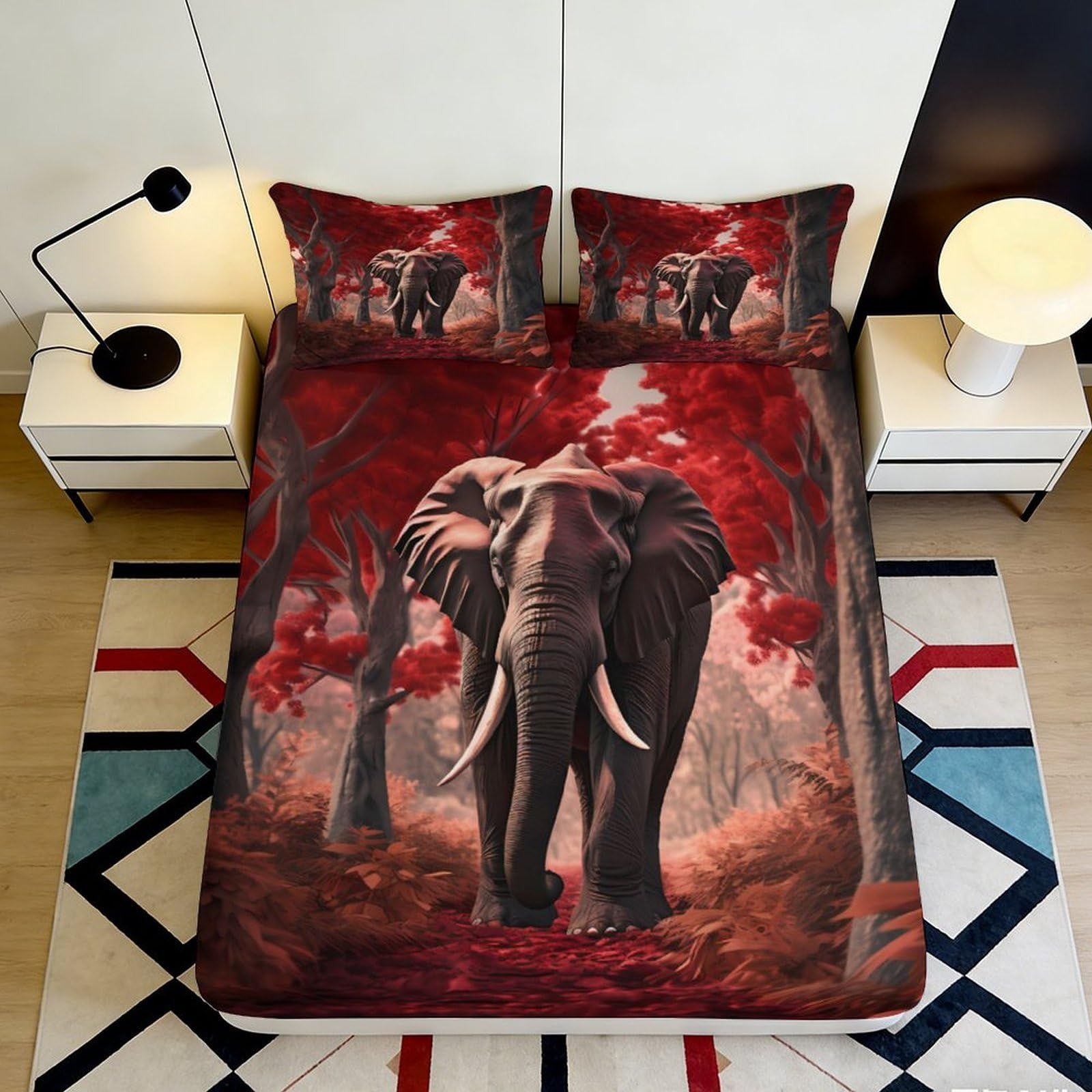 3D Printed Red Forest Elephant Fitted Sheet Microfiber Breathable Bed Cover with 3D Printed Animal Design Mattress Cover for Bedroom Dormitory Guest Room 140x200x25cm