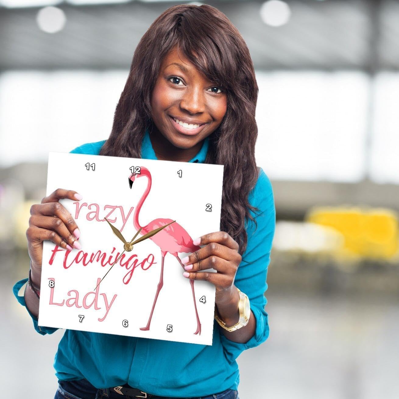 3dRose DPP_291868_3 Lady for Anyone who is Crazy About Flamingos. -Wall Clock, 15-inch, Multicolor