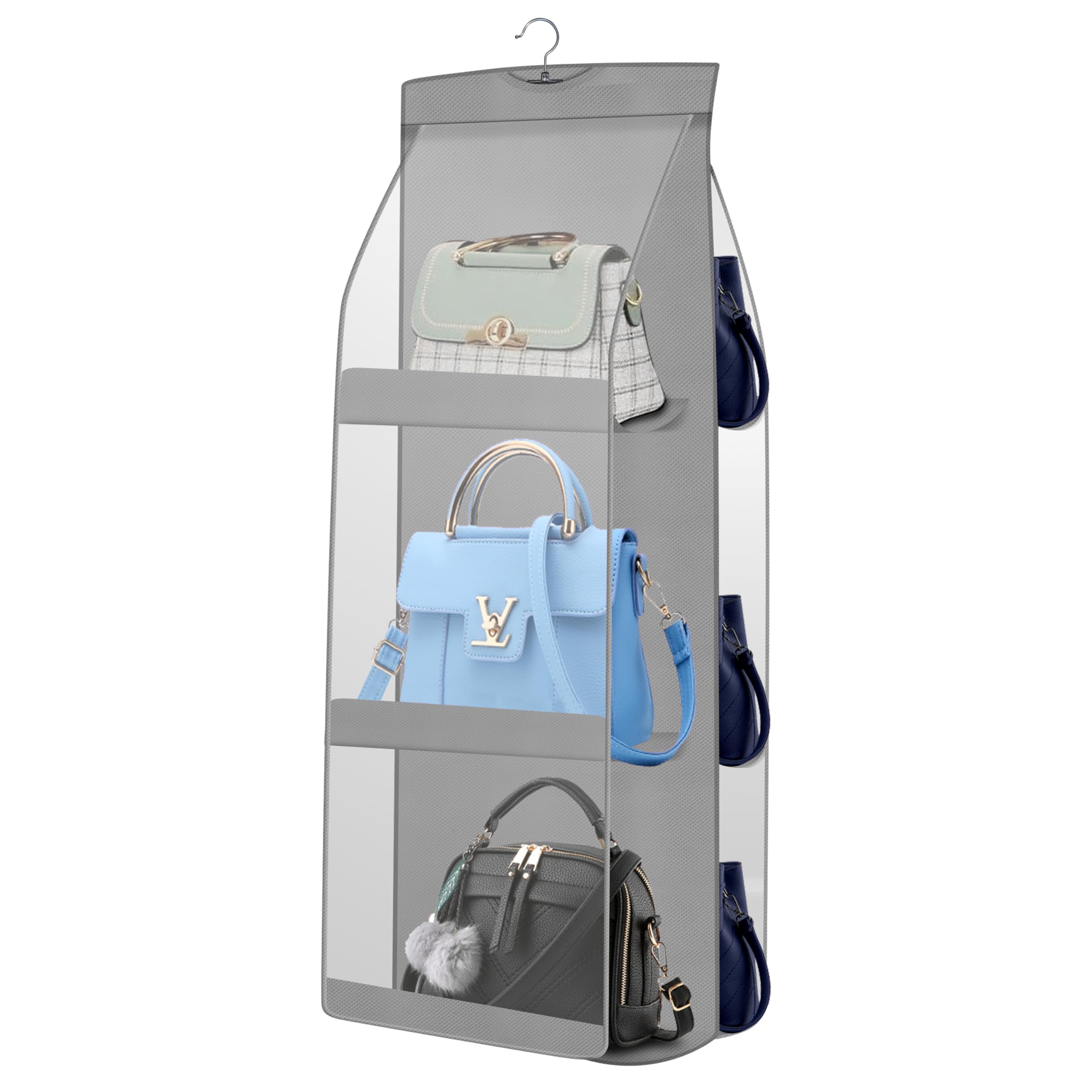 OxbOw 6 Pocket Handbag Organizer For Ladies Handbags, Purse Organiser For Handbag, Closet Organizer For Wardrobe, Tote Bag Organiser, Bag Hanger, 90 X 35 X 35 Cm (Pack of 1- Grey)