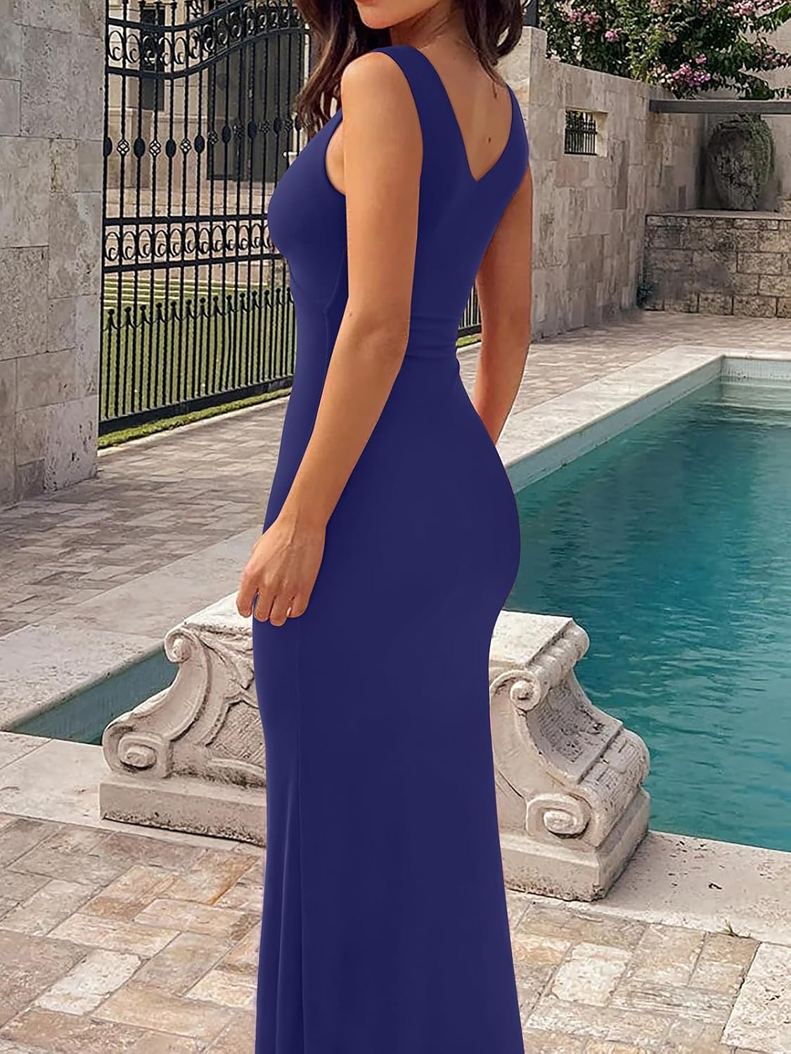 REORIA Women's Summer V Neck Sleeveless Wedding Guest Maxi Dress Sexy Mesh Bodycon Long Dresses