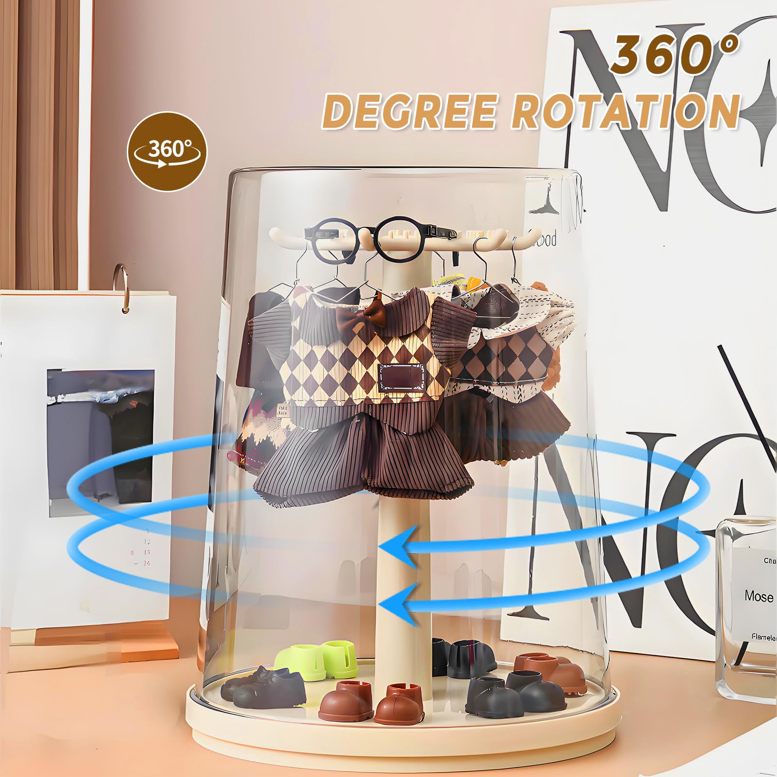 Organizador giratorio de ropa de muñeca con perchas, armario transparente de 360°, estante de exhibición de ropa de gran capacidad con tapa extraíble
