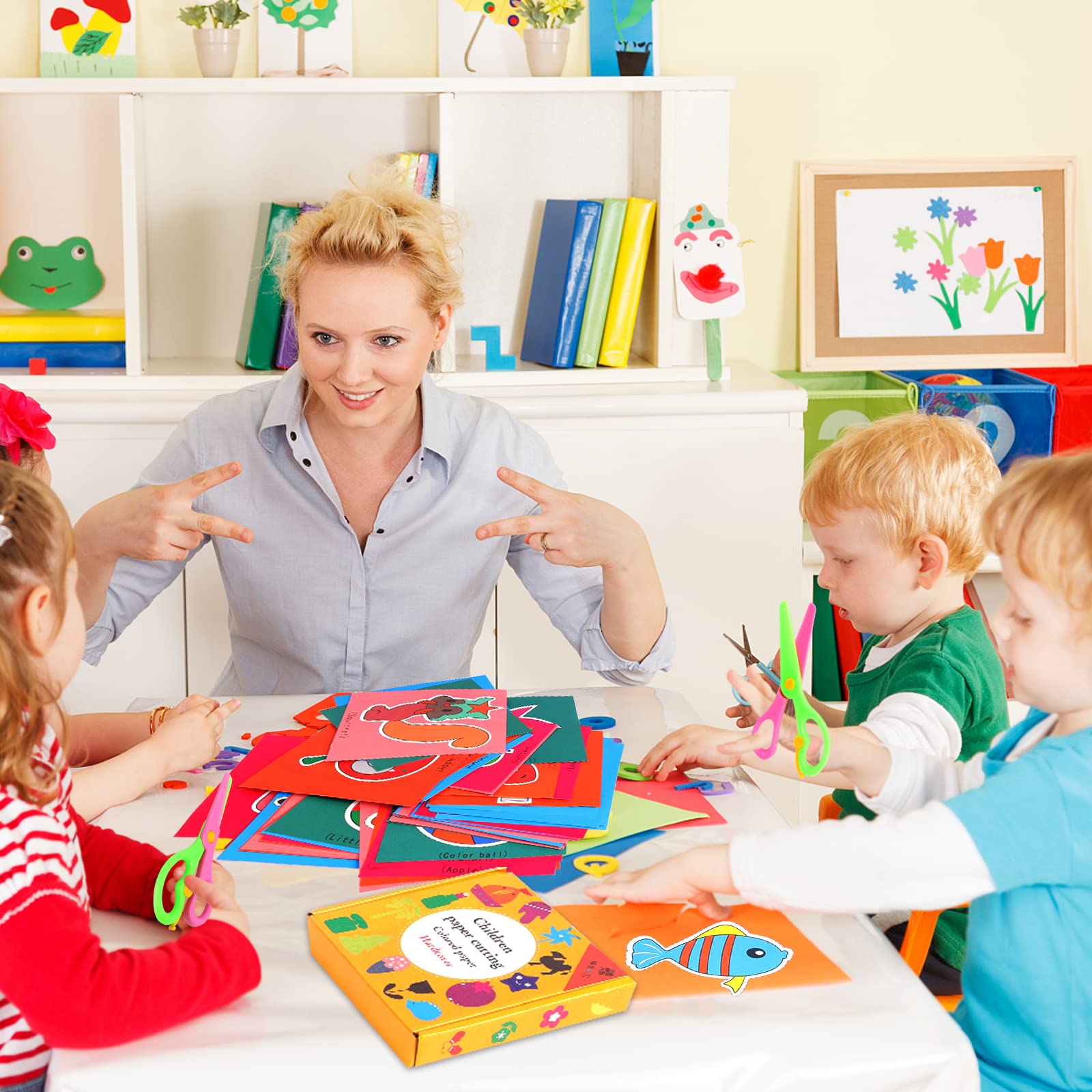Juego de corte de papel para niños, 2 unidades de tijeras de plástico de seguridad para niños, con 96 hojas de papel con frutas de animales, tijeras para manualidades, tijeras de papel, habilidades