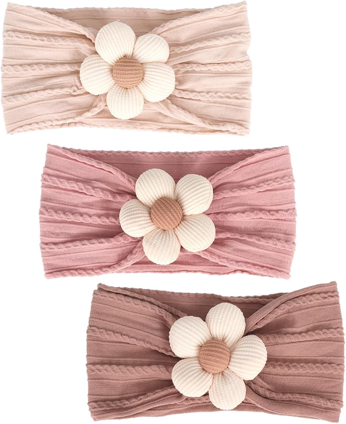3 Pcs Baby Flower Headbands Baby Girls Nylon Headbands Soft Hairbands Hair Accessories for Newborn Infant Toddler Kids(Beige Pink Khaki)