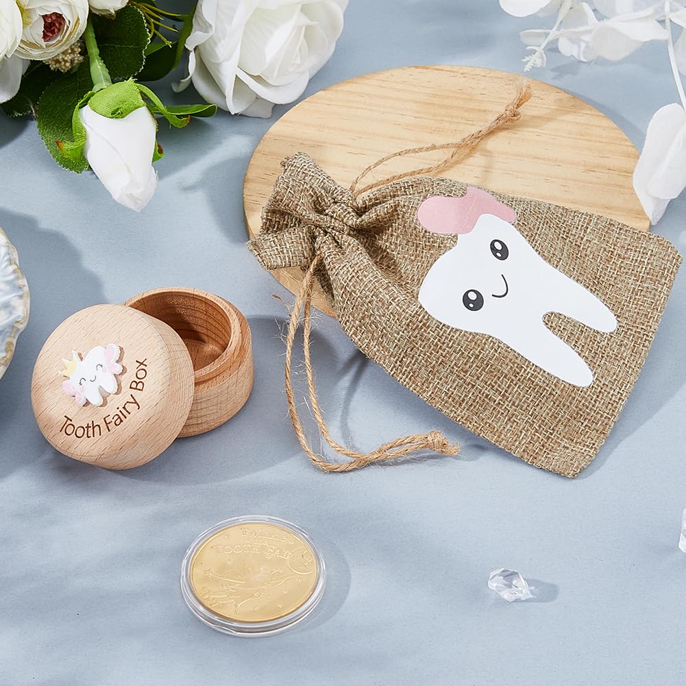 SUPERFINDINGS 1 Set Wood Tooth Fairy Box with Fairy Reward Coin and Linen Pouches Pink Dropped Tooth Keepsake Collection Storage Box for First Lost Teeth Fairy Gifts - Image 4
