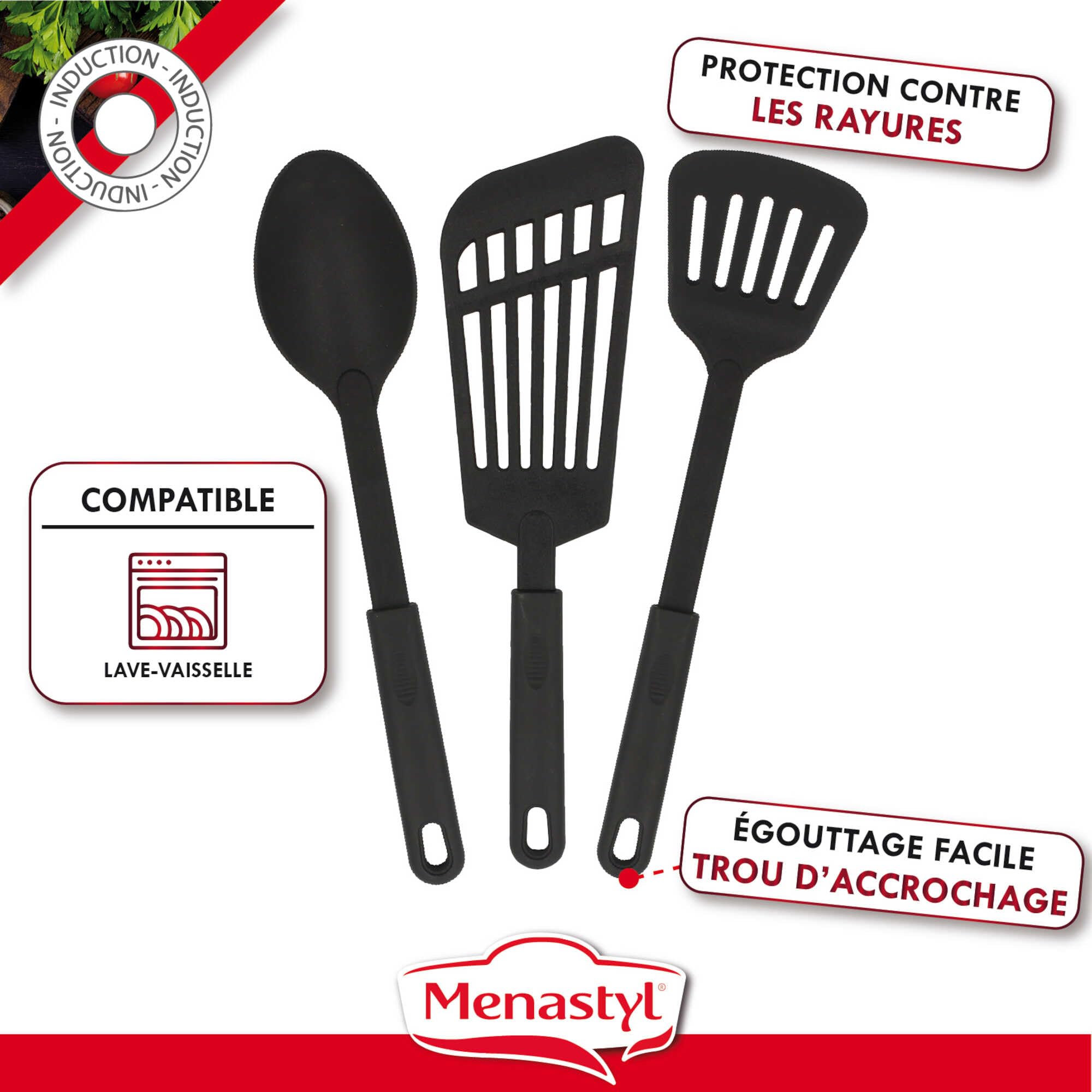 MENASTYL - Set de 8 pièces IRIS - 1 casserole 20cm + 2 poêles 24/28cm + 1 couvercle 20cm + 1 poignée amovible + 1 cuillère + 2 spatules ajourées - Compatible tous feux dont induction - 6020450