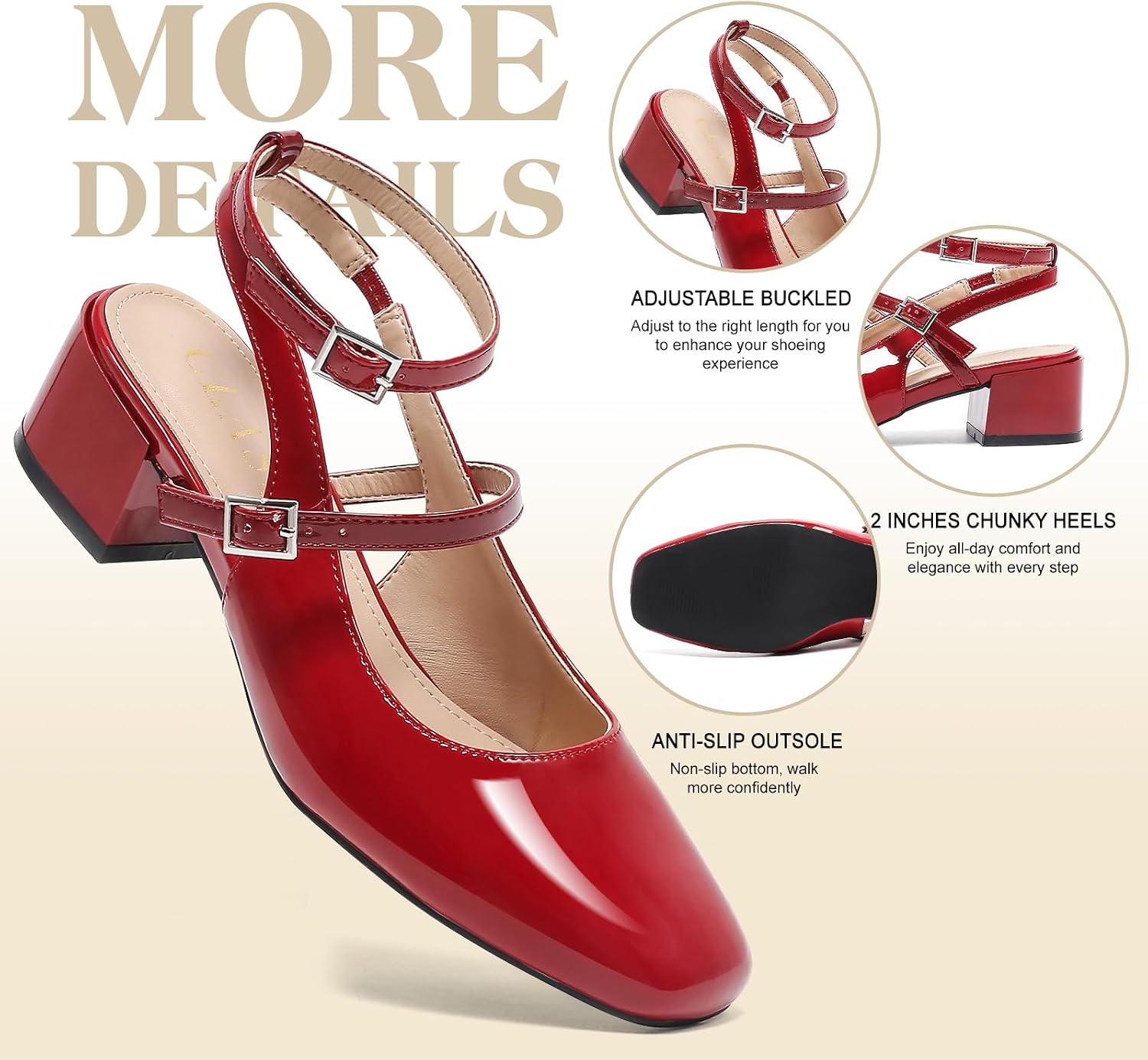 Womens Mary Jane Shoes Slingback Pumps Closed Square Toe Block Heel Ankle Strap Dress Shoes for Parties Wedding Daily