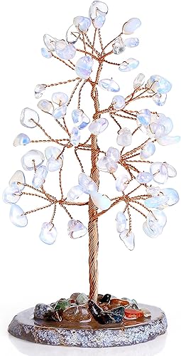 QINJIEJIE Decoración de árbol de cristales curativos de ópalo, decoración de piedra natural, árbol de piedras preciosas de reiki, base de rodajas de