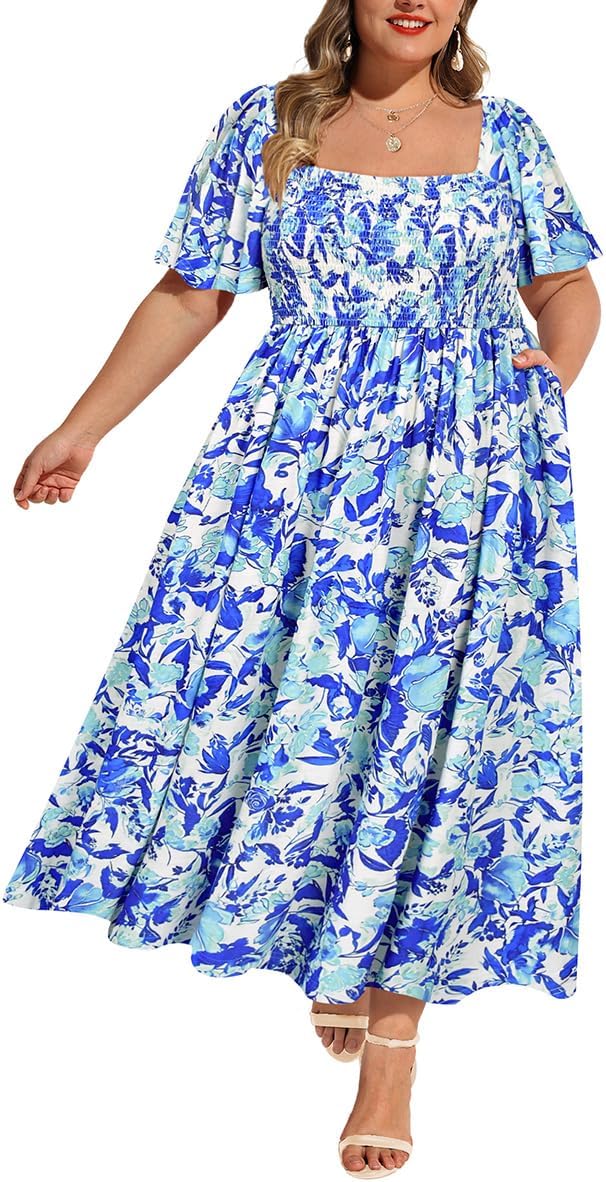 RITERA Plus Size Dresses for Curvy Women Square Neck Short Sleeve Summer Floral Smocked Maxi Dress with Pocket XL-5XL