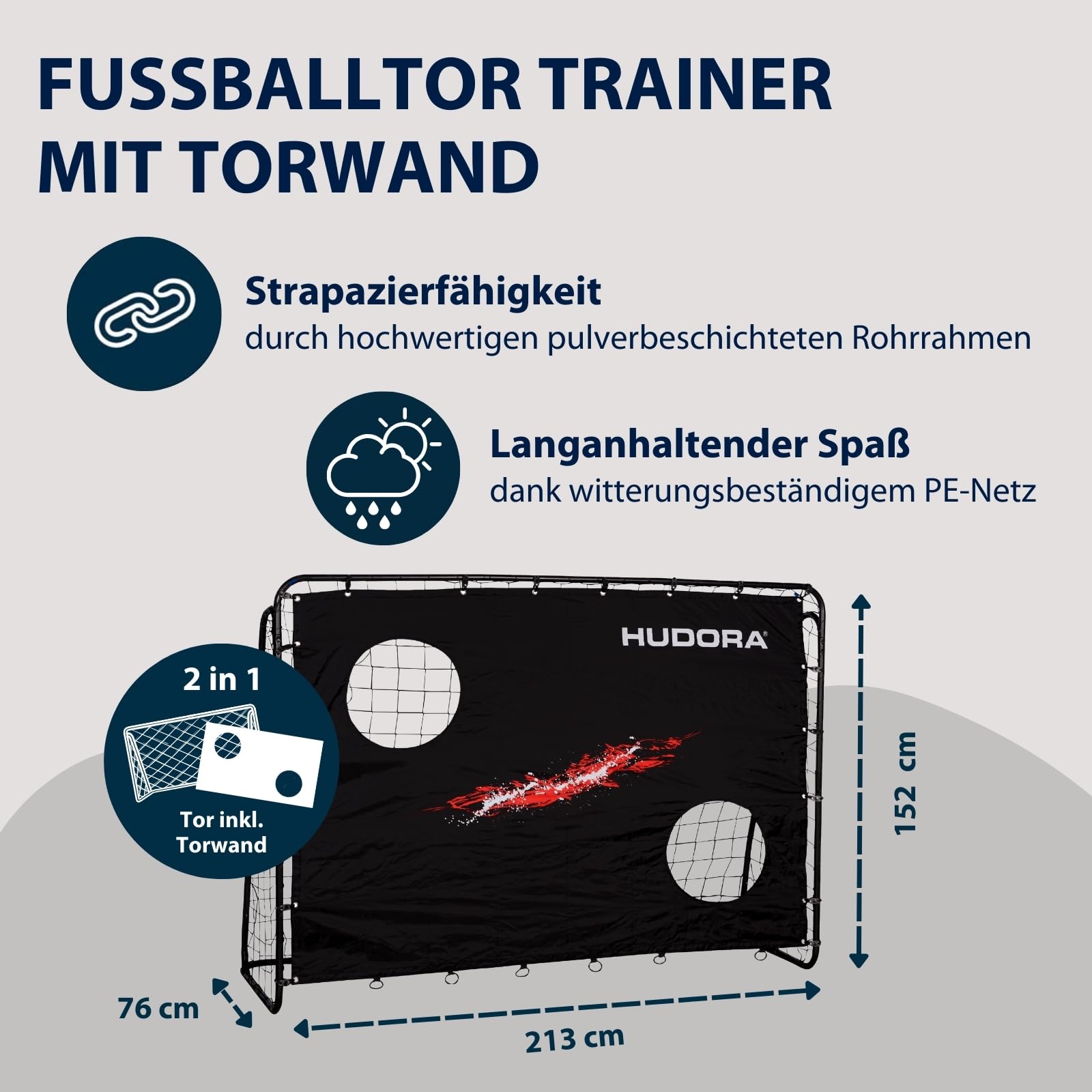 HUDORA Fußballtor Trainer mit Torwand - robustes Outdoor Fußballtor für Kinder & Erwachsene - Torwand mit zwei verstärkten Schusslöchern - wetterfestes Fußballtor für Training & Freizeit