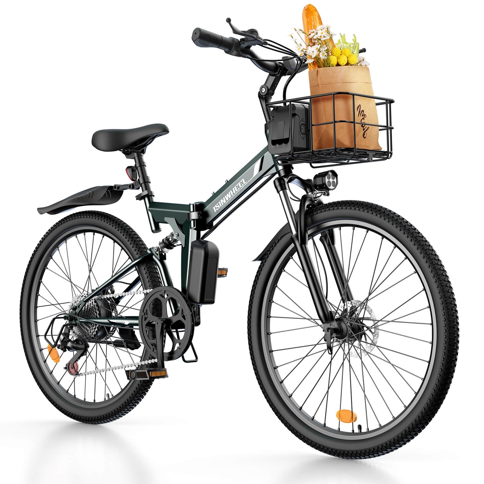 isinwheel M40 Folding Electric Bike for Adults 500W Ebike with Basket, Dual USB Charging Ports, Full Suspension, 7 Speed Gearshift, 20mph Foldable Electric Bicycles, 26" Electric Mountain Bicycles