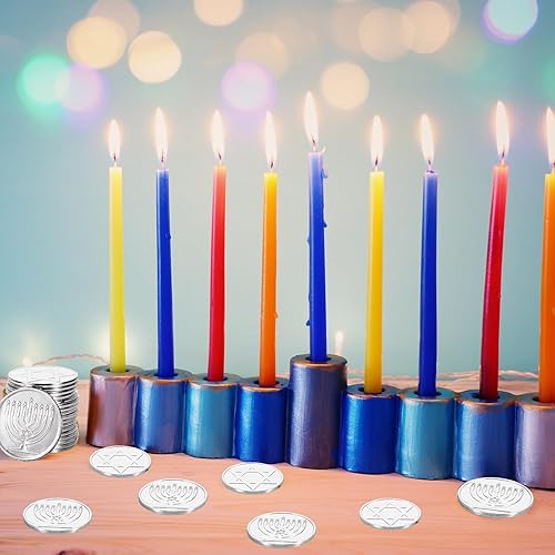 Miniatura 5 de Yinkin 180 monedas de Hanukkah con monedas de gelt de Hanukkah chapadas en plata, superficie de metal, monedas de caza del tesoro, juguetes de