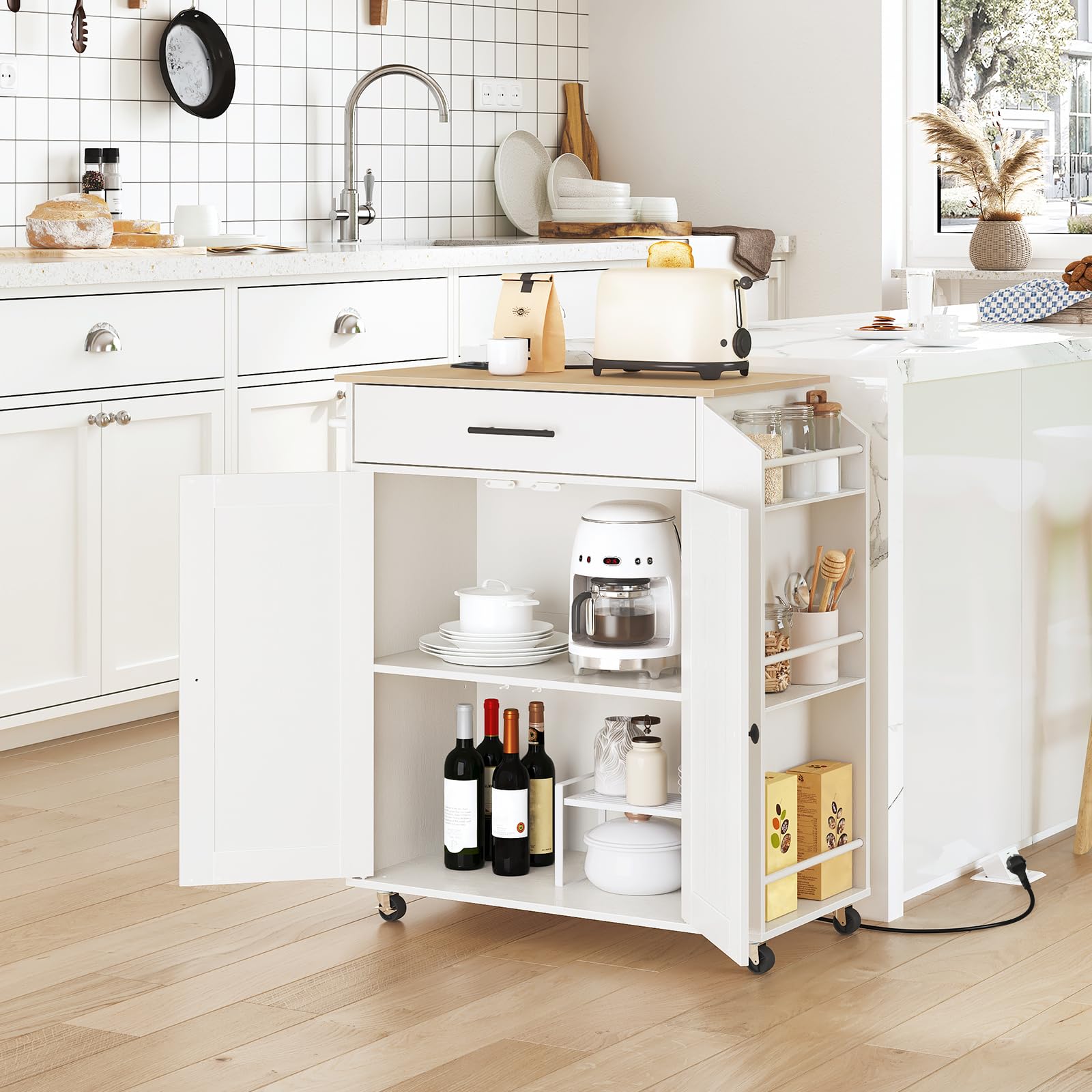 HOOBRO Küchenwagen mit Arbeitsplatte, Kücheninsel Küchenschrank mit Steckdosenleiste, bewegliche Kücheninsel mit Schublade und Gewürzregal, Küchenwagen auf Rollen, 80,8 x 38 x 86 cm EWN82CZD01