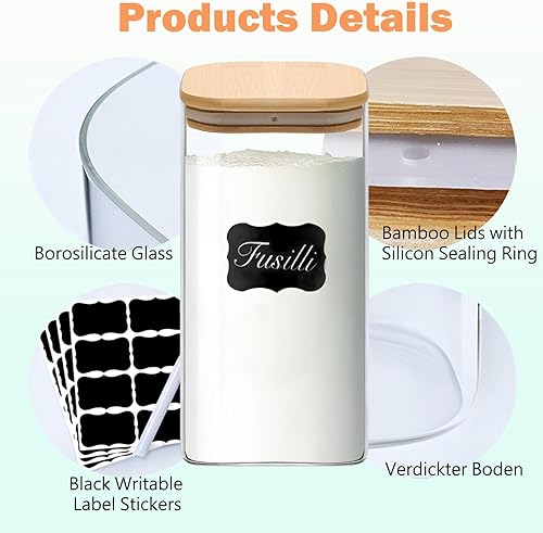 Miniatura 5 de Tarros de vidrio con tapas de bambú multitamaño juego de 5, recipientes de vidrio con tapas herméticas, recipientes de vidrio para almacenamiento de