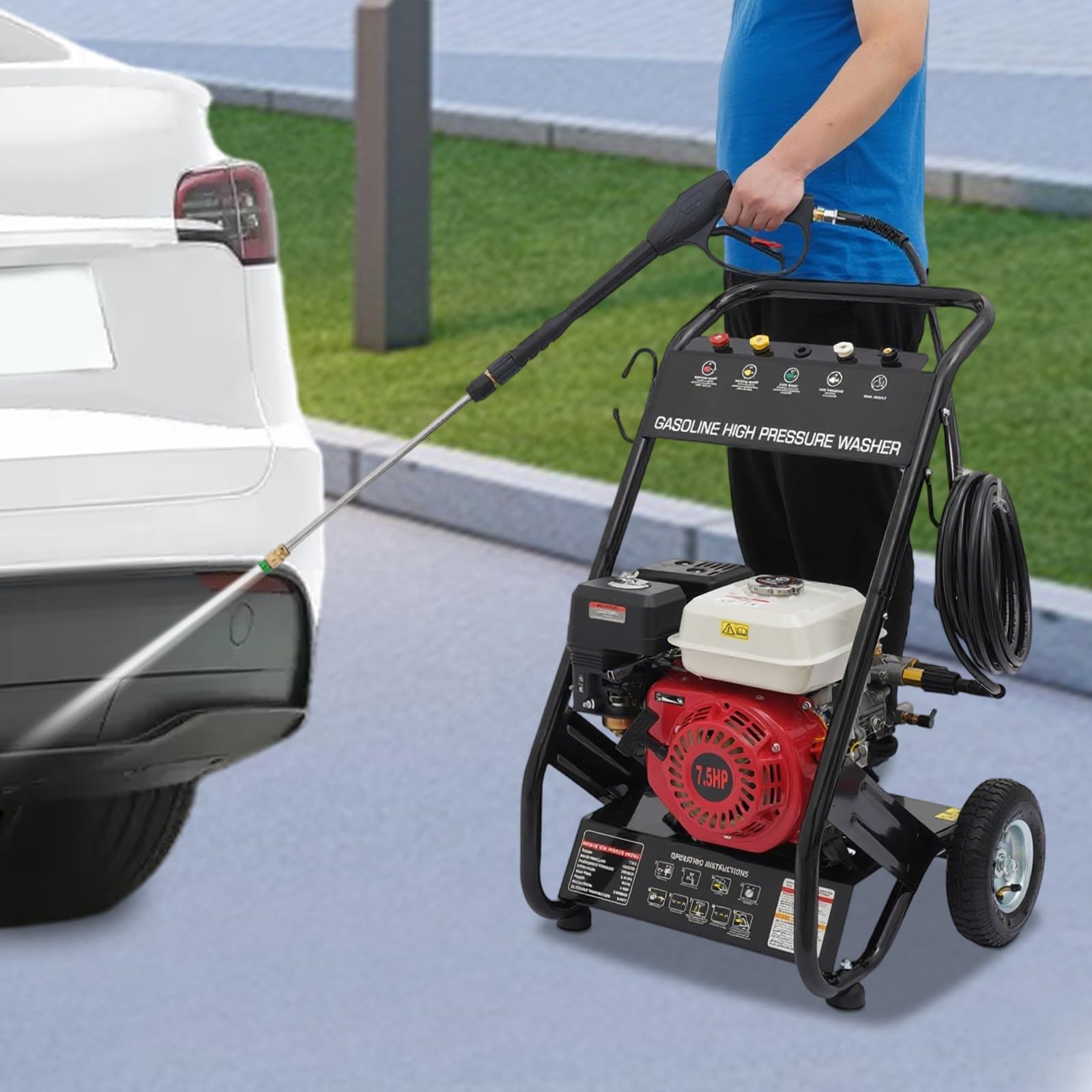 Limpiador de alta presión de gasolina 7,5 CV 170-190 bar con 5 boquillas y manguera de 8 m, limpiador de alta presión profesional para coche, patio, patio, limpieza para coche, vehículo, terraza