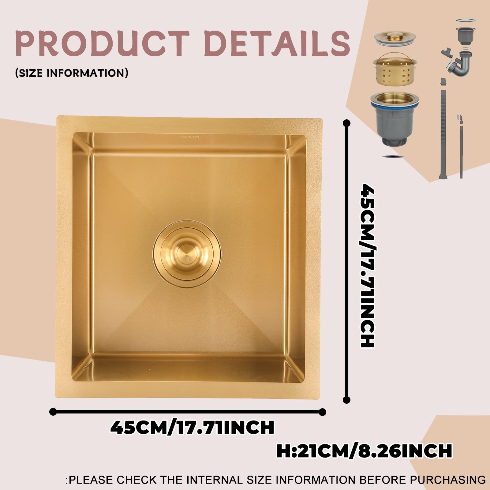 Lorreine 40BQ-T-Gold Luxe Enkele Keukenspoelbak Graniet Zwart Met Korfplug Goud 40 X 40 Opbouw