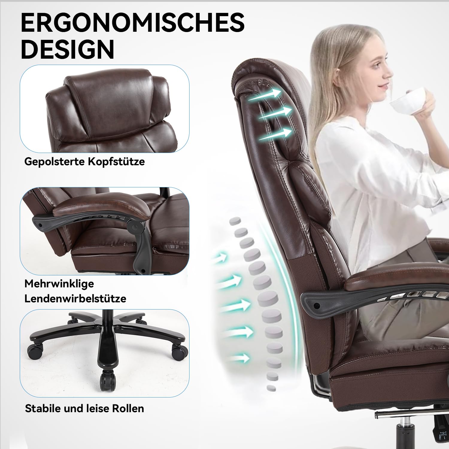 Bosmiller Bürostuhl Ergonomischer Chefsessel Bürostuhl 200 kg, Verstellbarer Rückenlehne, Hochklappbaren,Armlehnen,Elastisches Kissen für Homeoffice, Schreibtischstuh Büro,Weiß