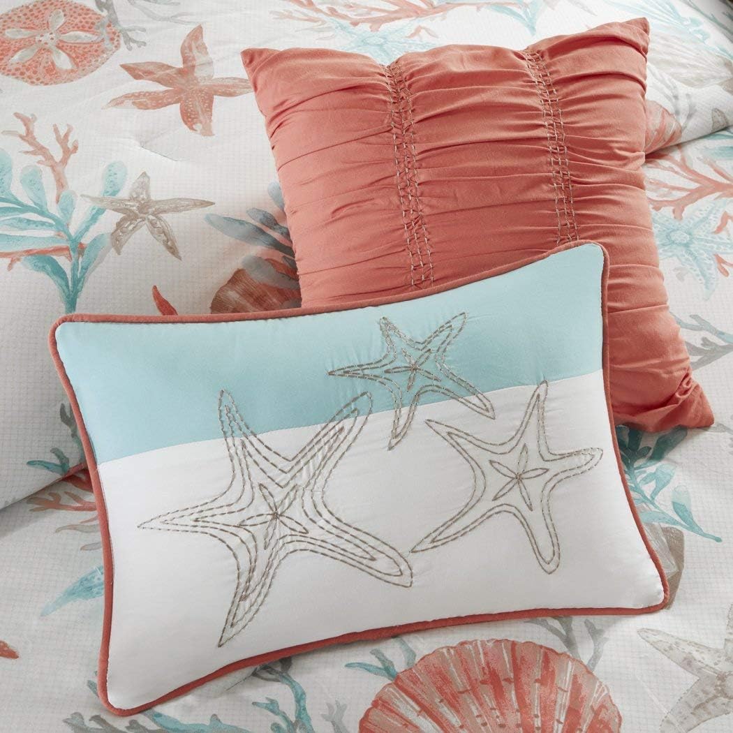 7 Piece White Aqua Blue Coral Pink Beach Comforter Cal King California Set, Starfish Bedding Sea Shells Ocean Themed Coastal Hawaii Tropical Under Water Pattern Nautical Cottage, Cotton