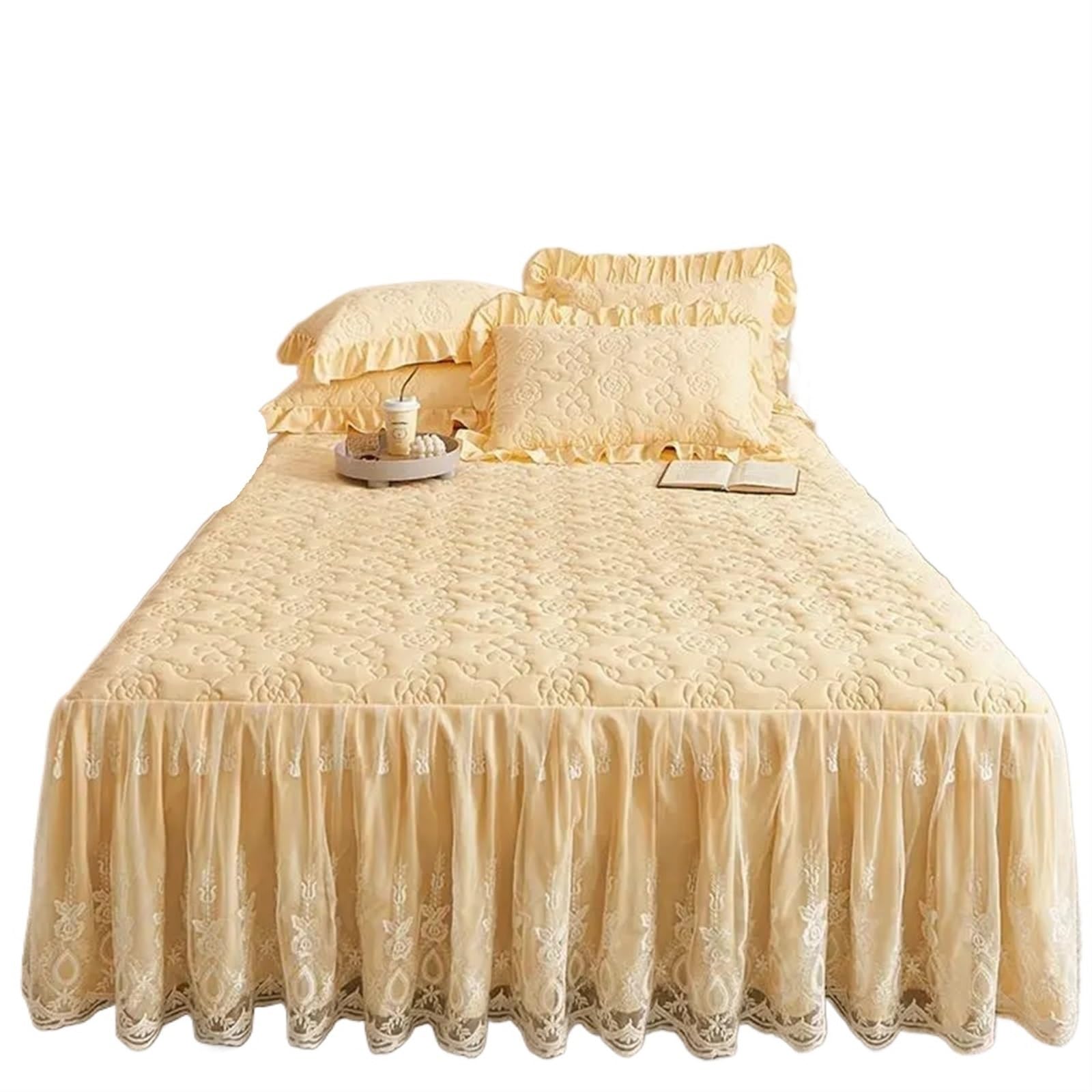 Falda de Cama Acolchada Gruesa de Encaje de algodón, Colcha, Funda de Almohada, Funda de colchón, Textil Doble for el hogar(E,1 pc Skrit 200x220cm)