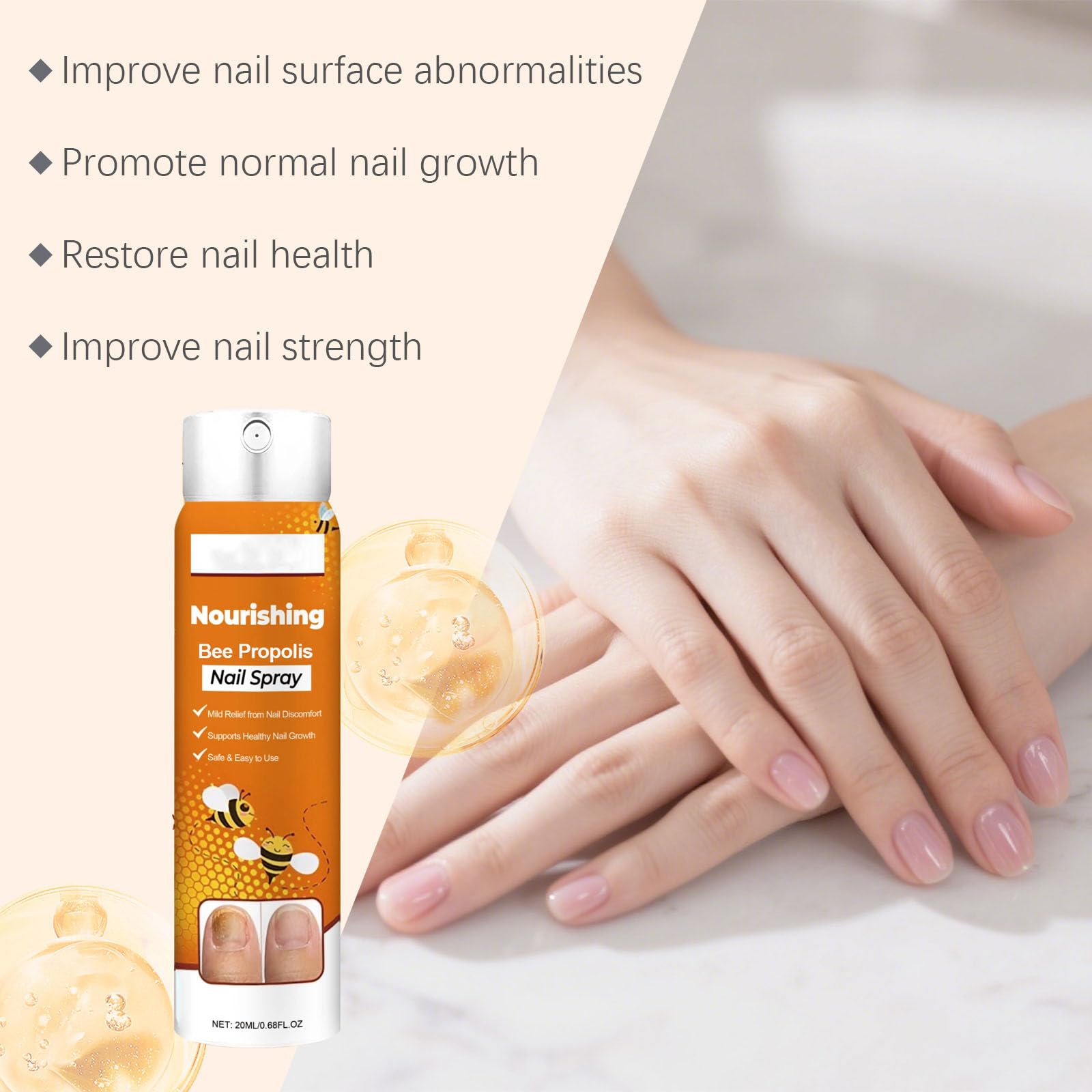 Abeja propóleos cuidado de uñas, aceite nutritivo fortalecedor para uñas débiles y quebradizas, spray de cuidado de secado rápido con árbol de té y jengibre para cutículas ásperas y secas (8 piezas)