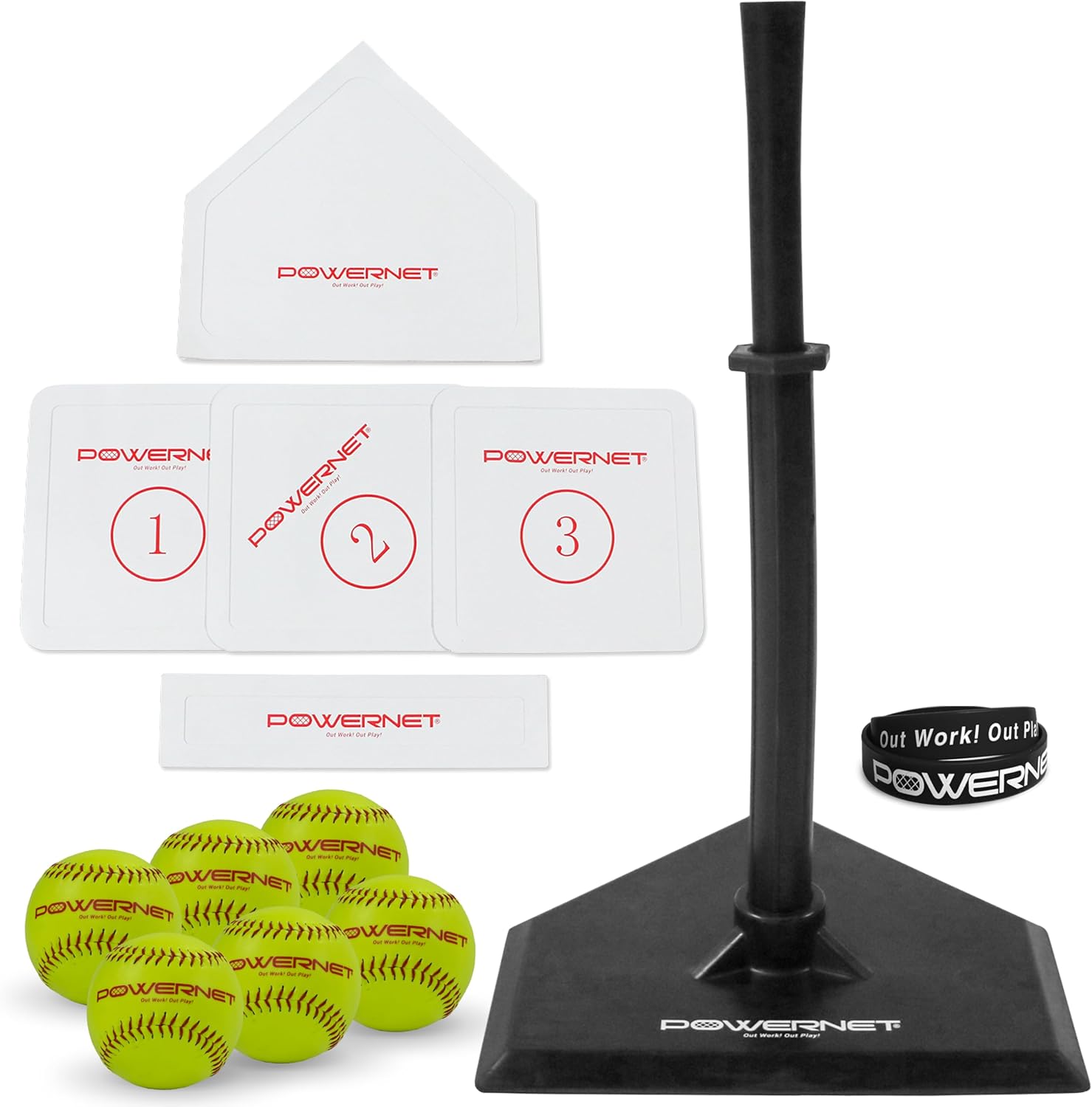 PowerNet Softball T-Ball Coaching Bundle | 8 Piece Tee-Ball Set Includes Soft Core Softballs, Adjustable Tee, Throw Down Bases to Coach