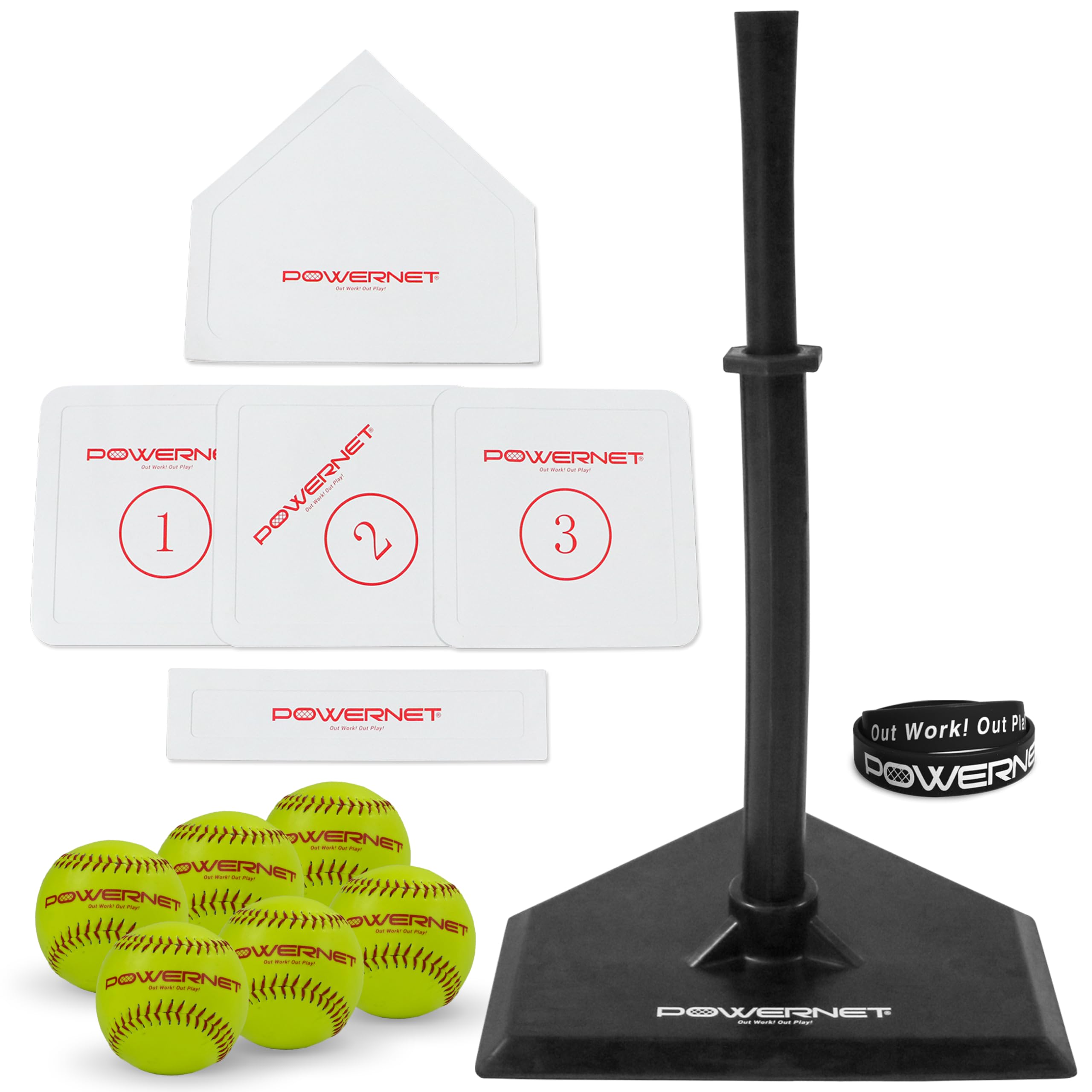 PowerNet Softball T-Ball Coaching Bundle | 8 Piece Tee-Ball Set Includes Soft Core Softballs, Adjustable Tee, Throw Down Bases to Coach