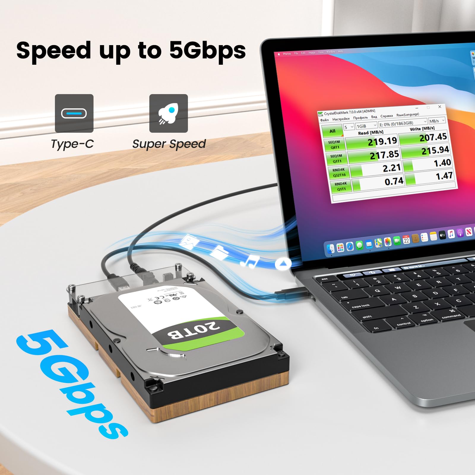 Adaptador SAS a USB 3.0, estación de acoplamiento de disco duro SAS SATA para SSD HDD de 2.5/3.5 pulgadas, lector de disco duro externo con adaptador de corriente de 12 V/2 A, sin herramientas