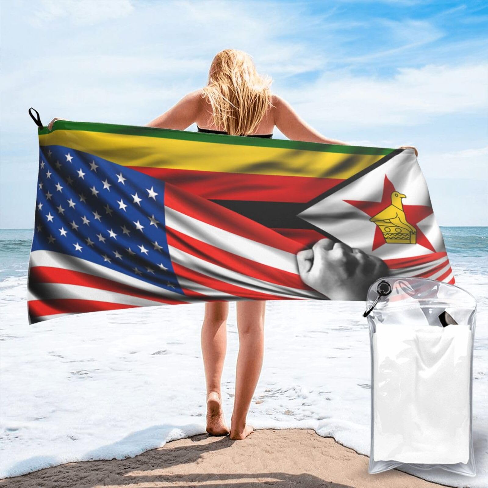 HACXZ Beach Towel America Flag and Zimbabwe Flag Microfiber Beach Towel Lightweight Absorbent 27.5"X55"