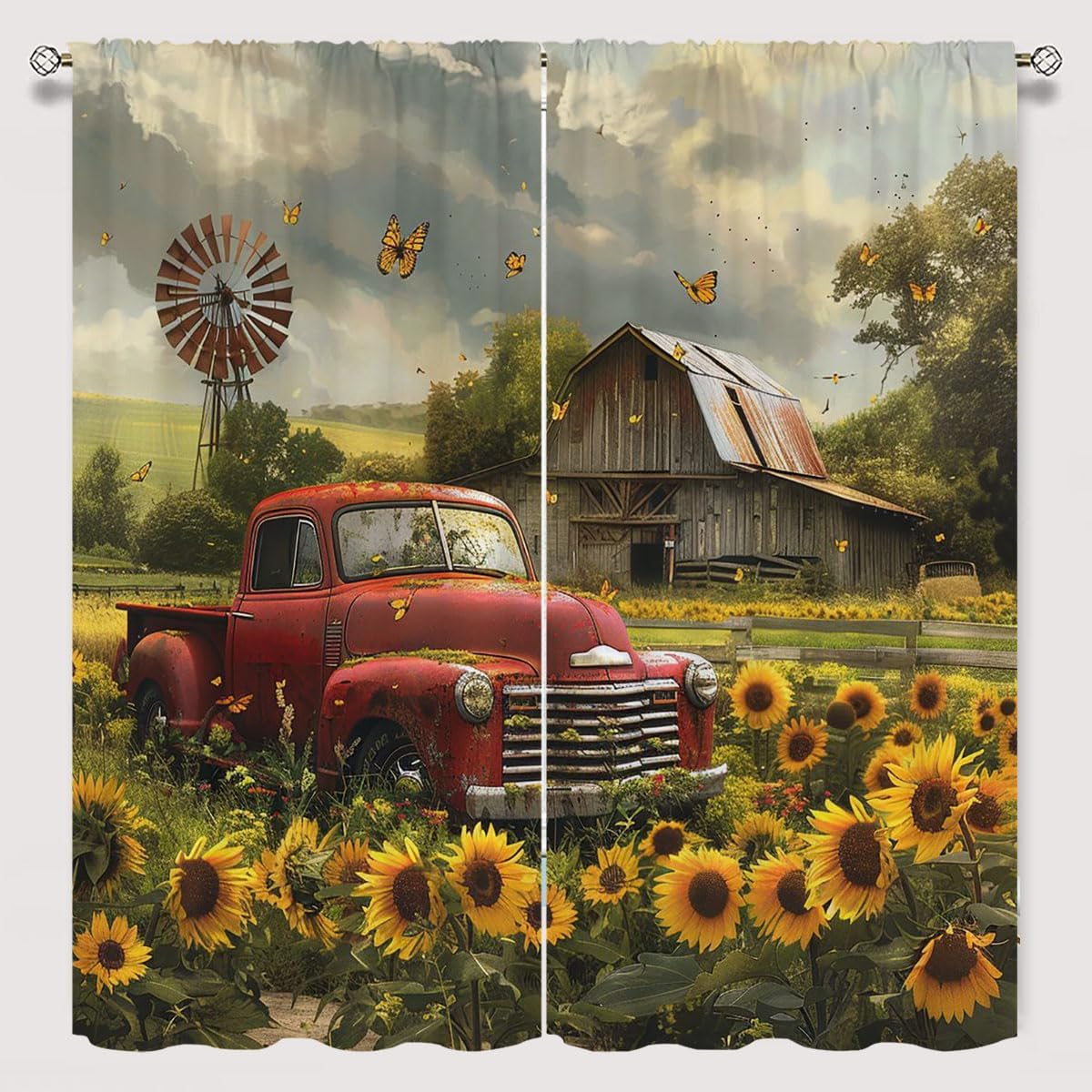 Antique Car Farm Truck Window Curtains for Kid Girls Boys Bedroom, Vintage Old Red Truck Retro Barn American Country Western Rod Pocket Curtains for Bedroom Living Room W42xL63 Inch Decor