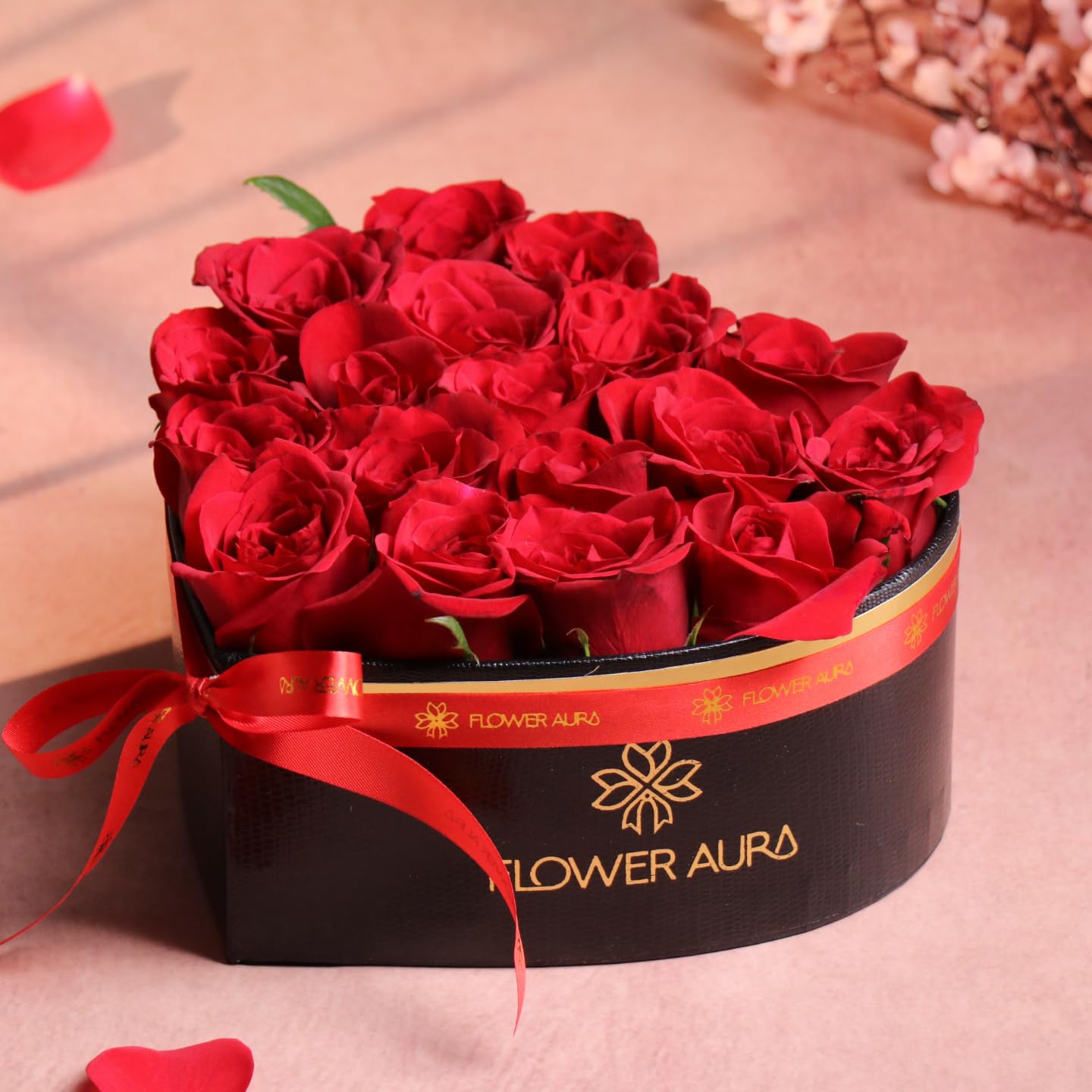 FlowerAura Fresh Live Flower Bouquet of 18 Red Roses Flowers In Heart Box For Birthday Gift, Anniversary Gift, Valentine's Day Gift For Boyfriend, Girlfriend, Wife & Husband (Same Day Delivery)