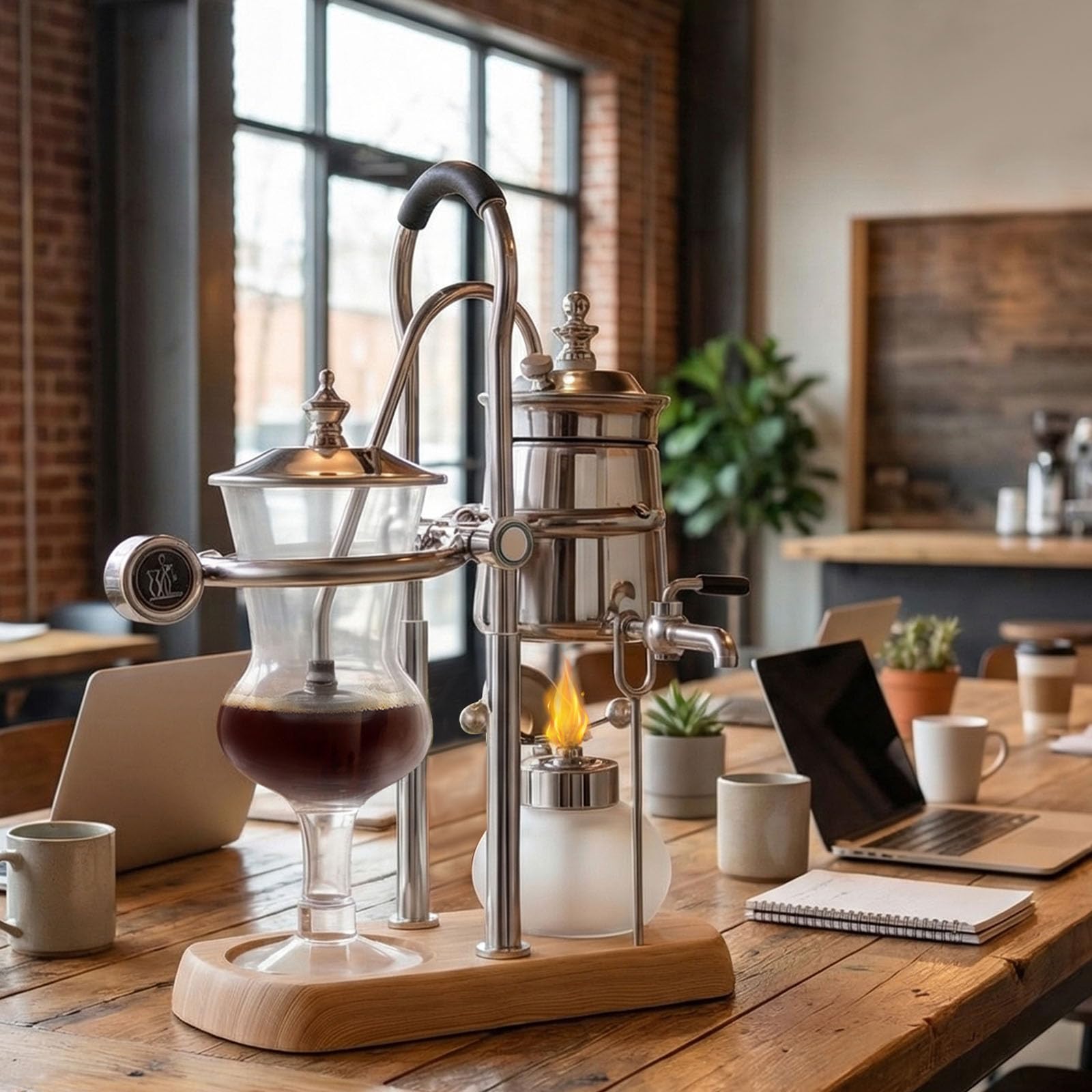 Luxury Siphon Balance Kaffeemaschine, Siphon Kaffeemaschine Set, Retro Kaffeemaschine, Vakuum-Kaffeebereiter, Kaffee- und Teebrüher, Naturholzsockel und Deckelknauf (Silber)