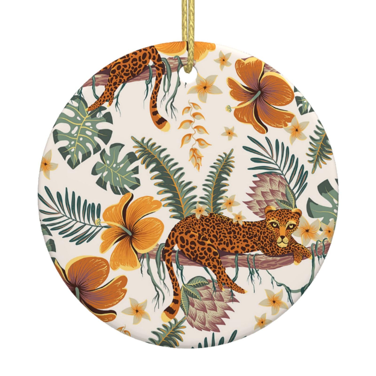 Xmas Tree Ornaments White Ceramic Hanging Accessories Tropical Leopard Palm Trees Christmas Tree Decorations Bauble Home Decor (Round Shaped)