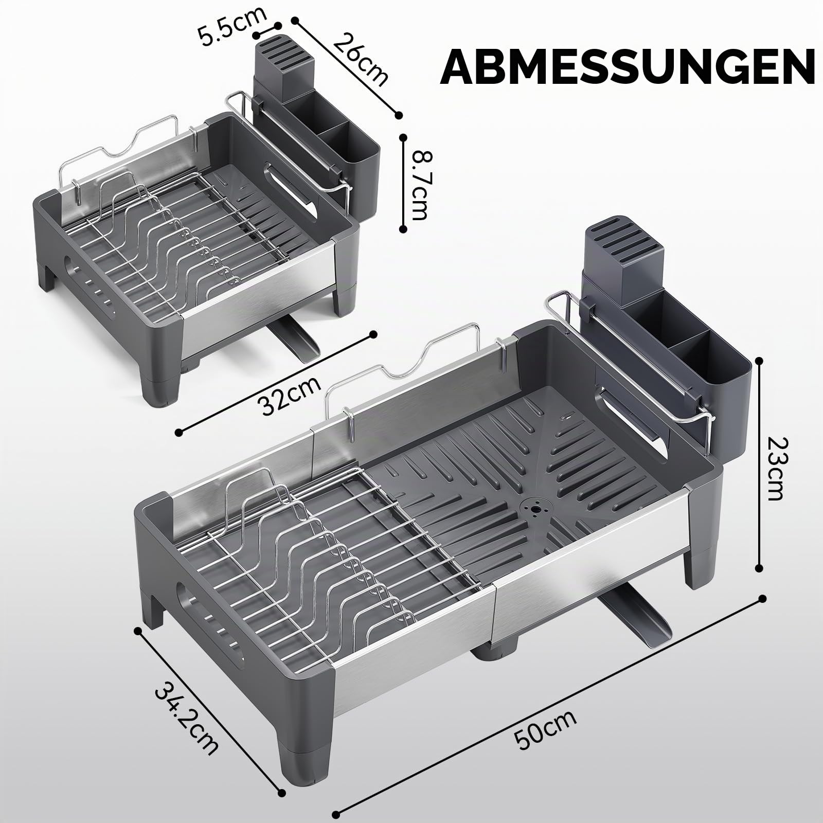 Urackify Abtropfgestell, Grau | Erweiterbar, Edelstahl mit Aluminiumrahmen, Platzsparender Dish Rack mit Utensilienhalter