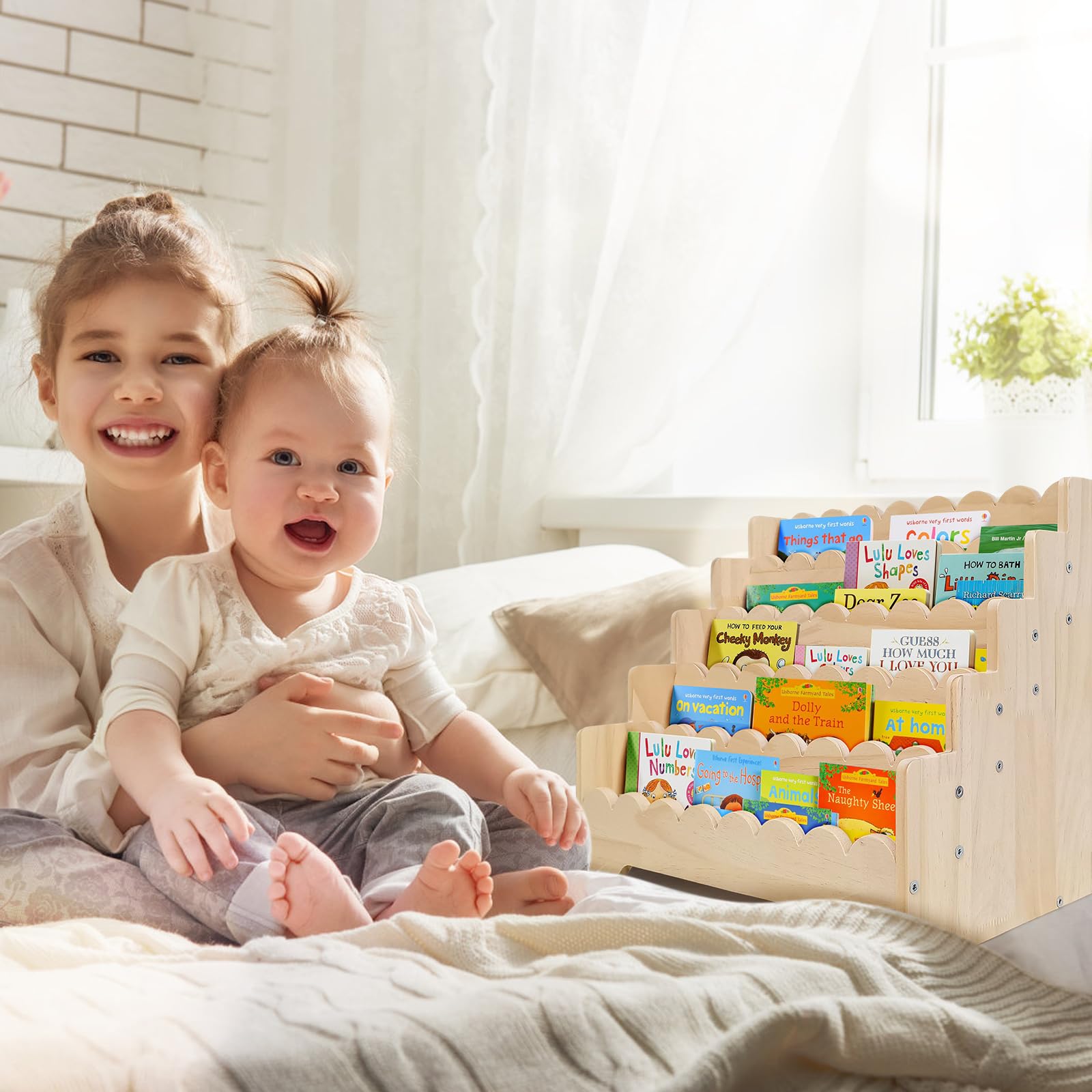 Whemyreat Houten kinderrek, staand rek voor kinderkamer, opbergrek met Montessori-boekenkast en speelgoedrek