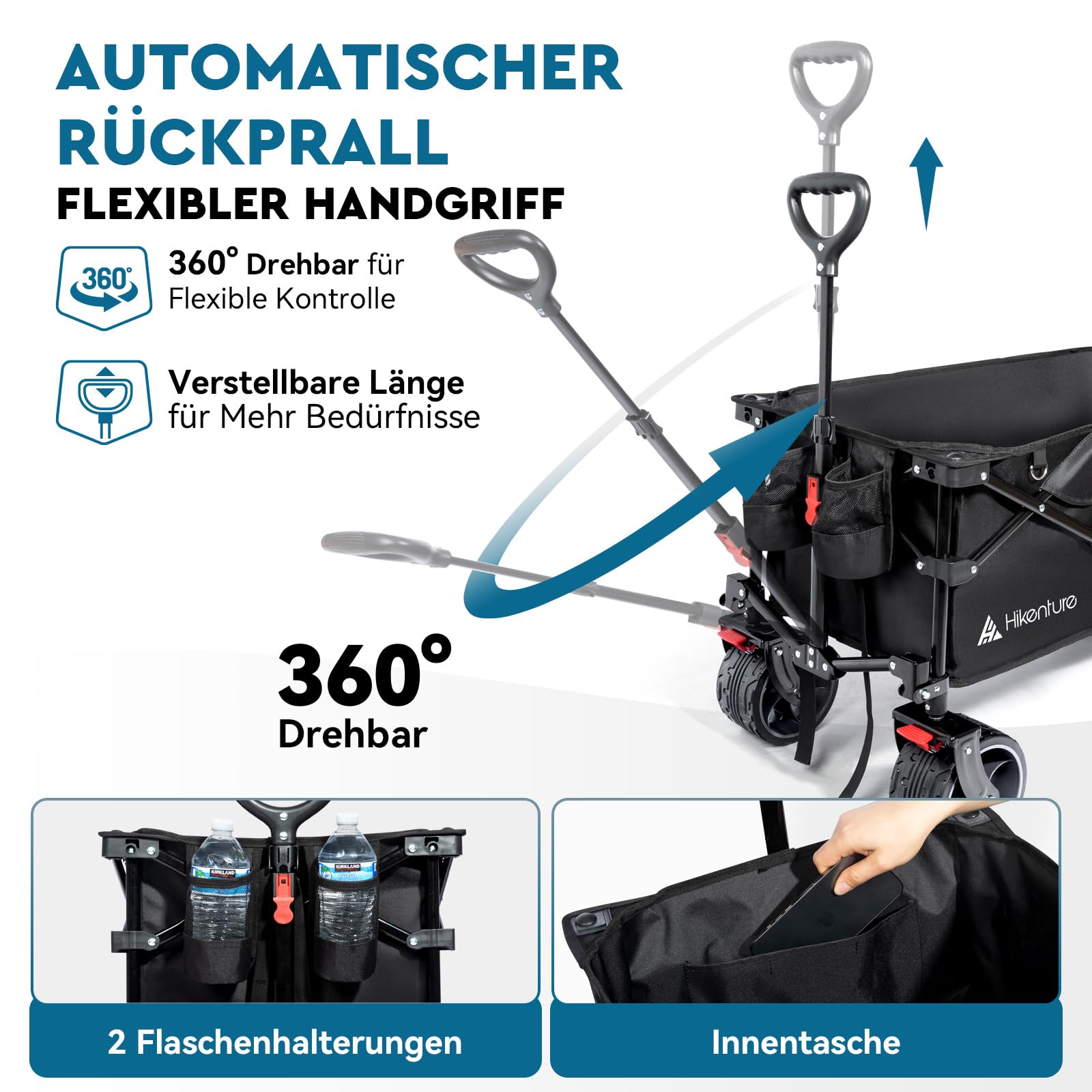 HIKENTURE Bollerwagen Faltbar 135L Faltbarer Bollerwagen - Klappbarer Handwagen für Strand Camping Einkaufen - Faltbollerwagen Handwagen