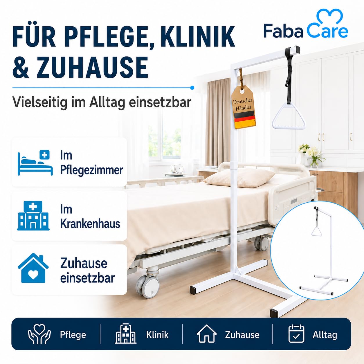 FabaCare Bettgalgen freistehend bis 130 kg Körpergewicht Zwei Griffen, Zusatzgriff | mobiler Galgen für normales Bett | Aufrichthilfe, Bettgriff, Bettaufrichter mit Trapezgriff