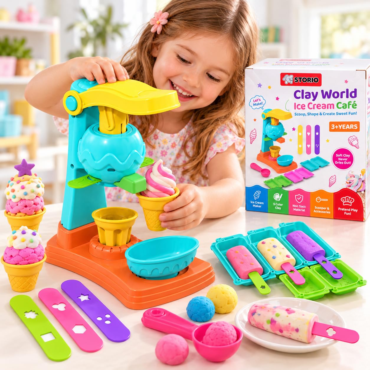Storio Play Dough for Kids, Ice Cream Maker Clay Set with 5 Color Dough | Clay World Ice Cream Cafe | DIY Ice Cream Maker Set for Creative Pretend Play and Dessert-Making Fun