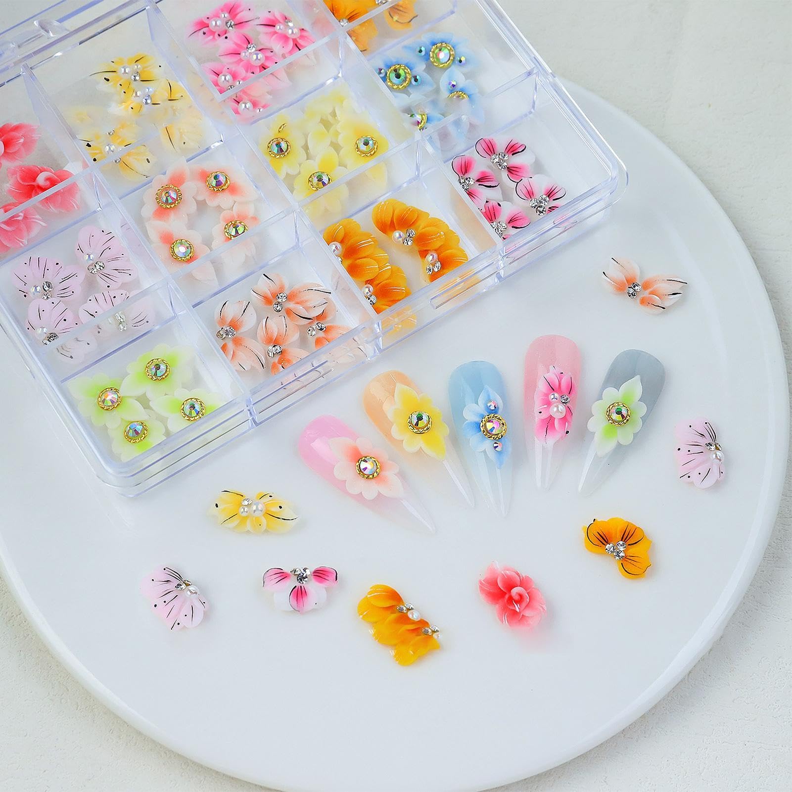 Fleur pour les ongles, fleurs Nail Charm | Autocollant artistique pour conseils de manucure 48X | Fleur de simulation d'ongle sculptée à la main avec boîte transparente pour boîte de téléphone portabl