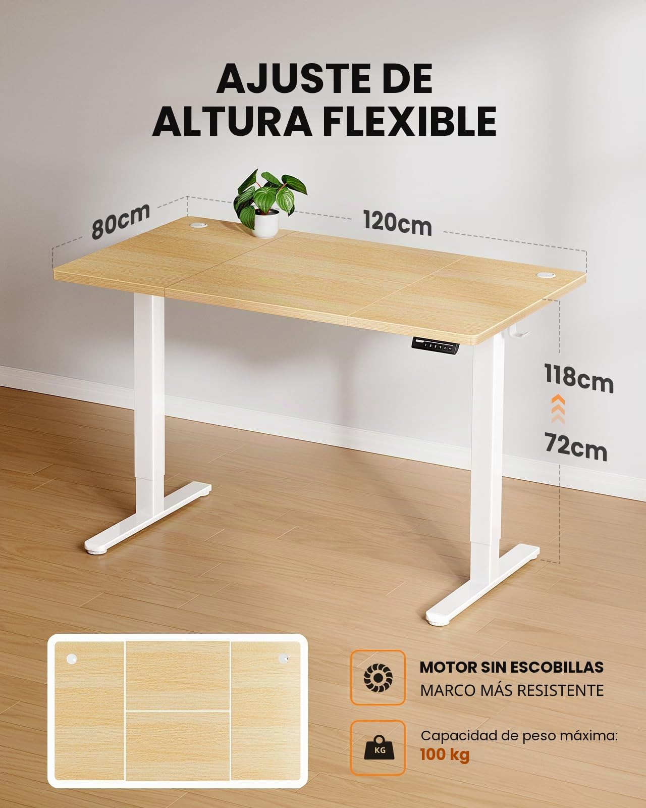 ErGear Escritorio Eléctrico en altura120x80cm,100KG de Capacidad de Carga Escritorio Ajustable con avanzado Motor sin escobillas,Robusto armazón metálico,Tablero de Cuatro Partes