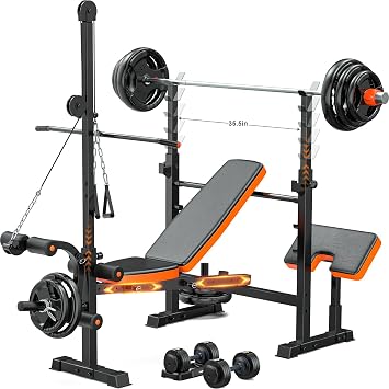Fostoy 8 in 1 Weight Bench Set with LAT Pulldow, Bench Press Rack with Leg Extension/Curl and Preacher Curl, Olympic Weight Benches for Home Gym Full-Body Adjustable Strength Training Equipment