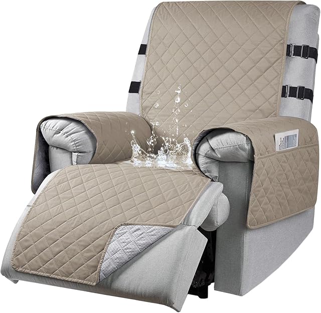 Recliner Chair Cover with Side Pockets, Waterproof Recliner Chair Slipcover With 2 Elastic Straps, Non-Slip Armchair Recliner Protector for Families with Pets/Kids, Washable Recliner Sofa Cover